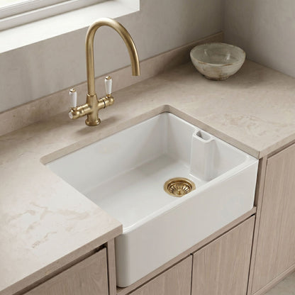 [BKS218WT12] Traditional Fireclay Kitchen Bundle: 1 Bowl Belfast Butler Sink with Strainer Waste & Mono Lever Tap, 595mm - Brushed Brass - Silo