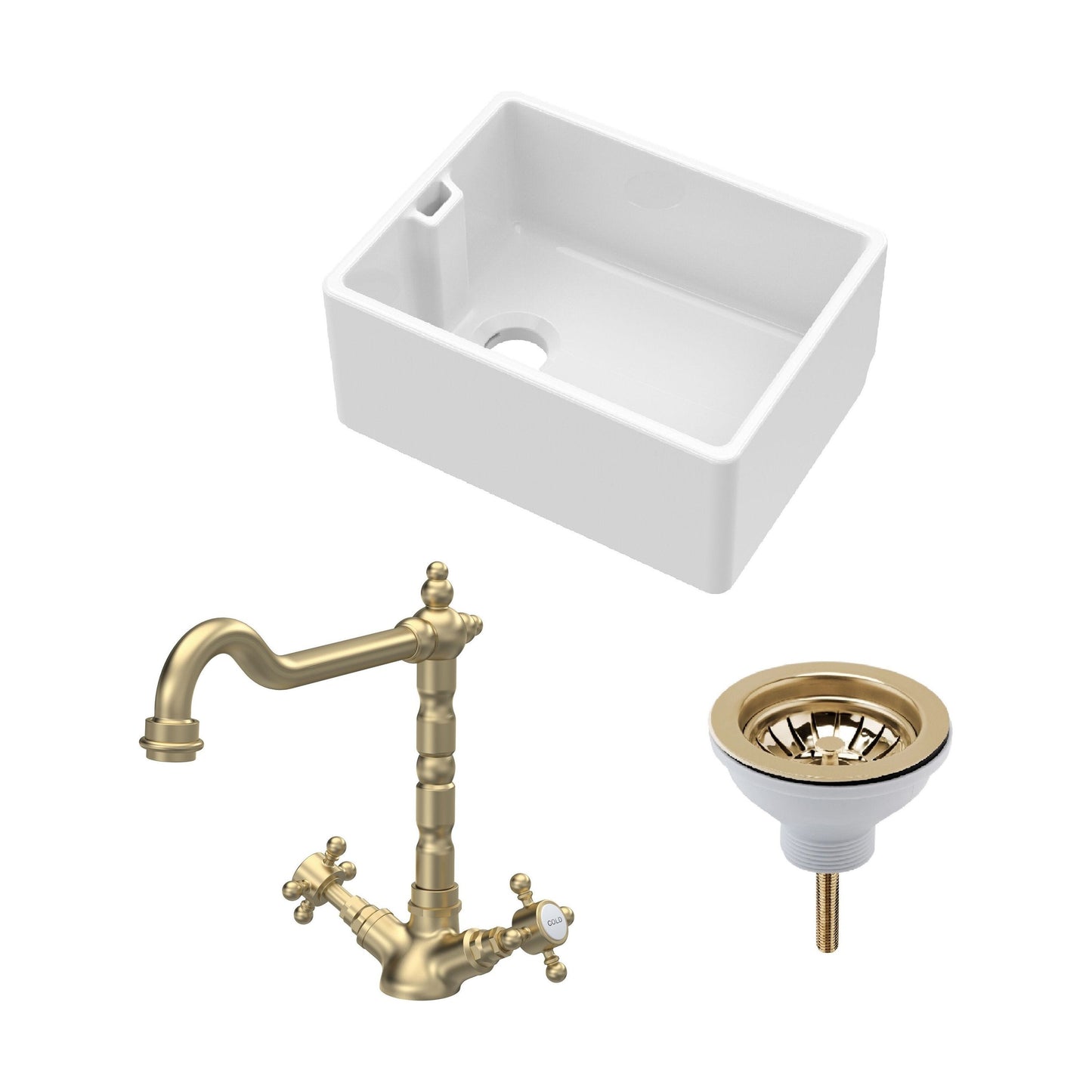 [BKS218WT13] Traditional Fireclay Kitchen Bundle: 1 Bowl Belfast Butler Sink with Strainer Waste & French Classic Tap, 595mm - Brushed Brass - Cutout