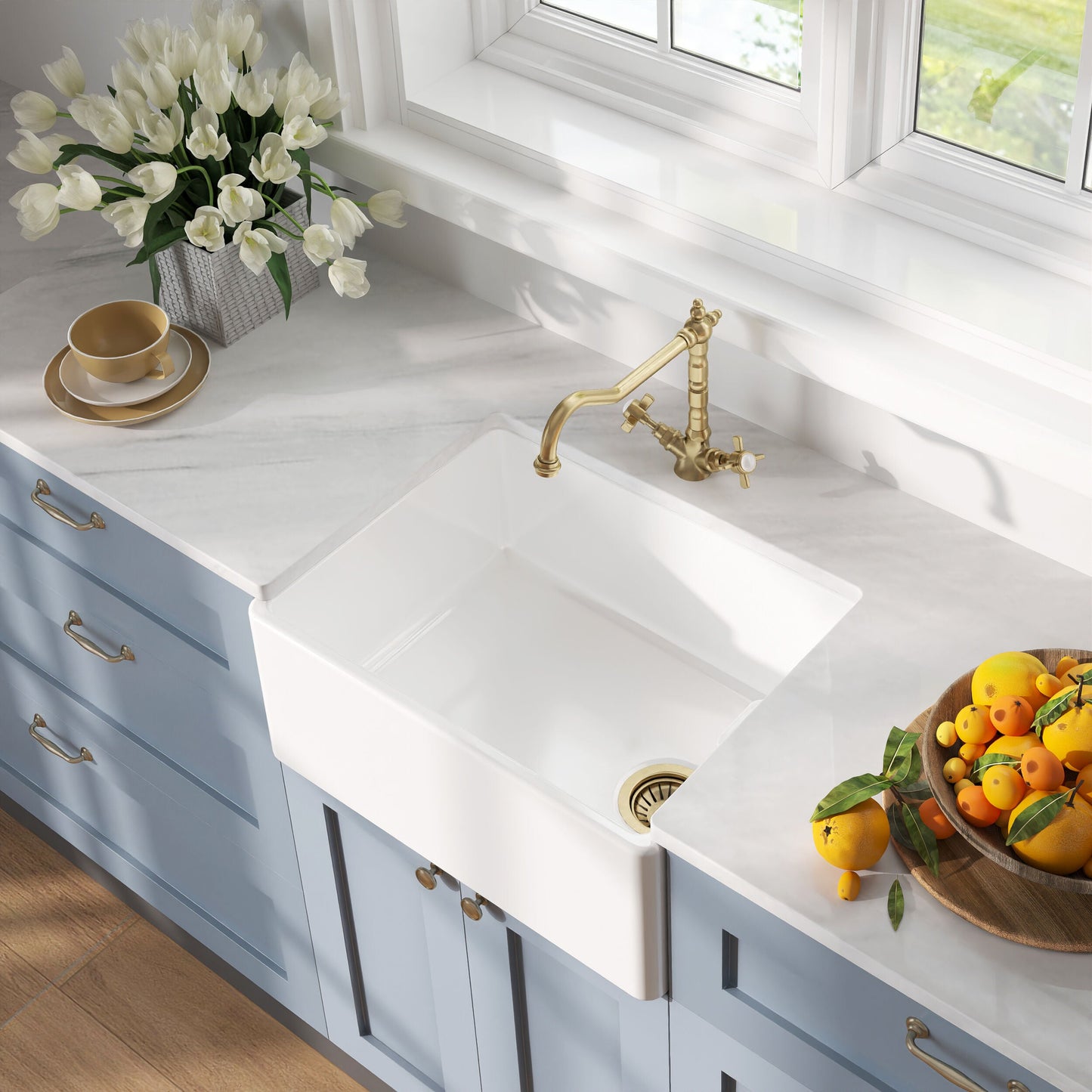 [BKS218WT13] Traditional Fireclay Kitchen Bundle: 1 Bowl Belfast Butler Sink with Strainer Waste & French Classic Tap, 595mm - Brushed Brass - Lifestyle 2