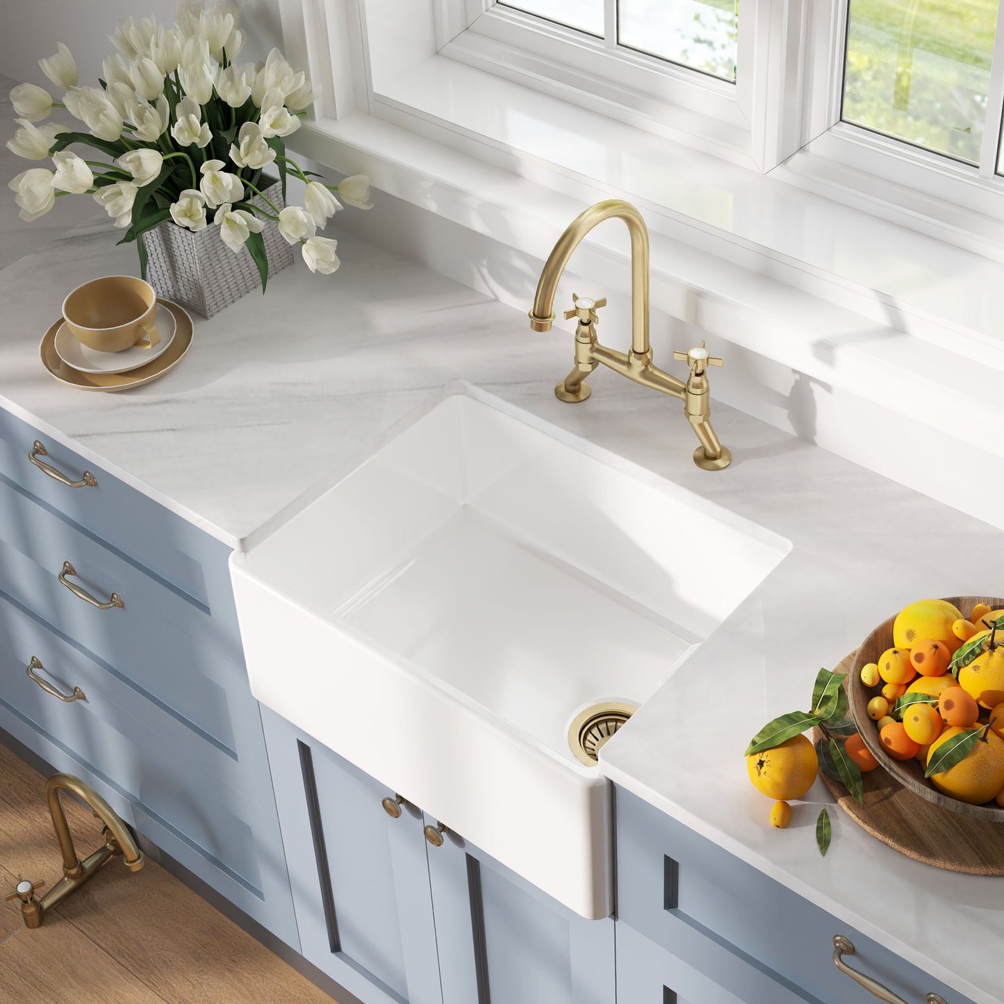 [BKS218WT14] Fireclay Kitchen Bundle - Single Bowl Belfast Sink, Strainer Waste & Bridge Crosshead Tap, 595mm - Brushed Brass - Lifestyle 2