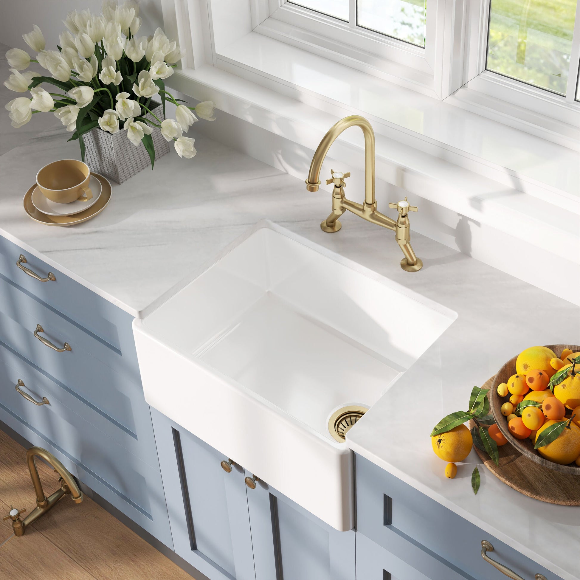 [BKS218WT14] Fireclay Kitchen Bundle - Single Bowl Belfast Sink, Strainer Waste & Bridge Crosshead Tap, 595mm - Brushed Brass - Lifestyle 2