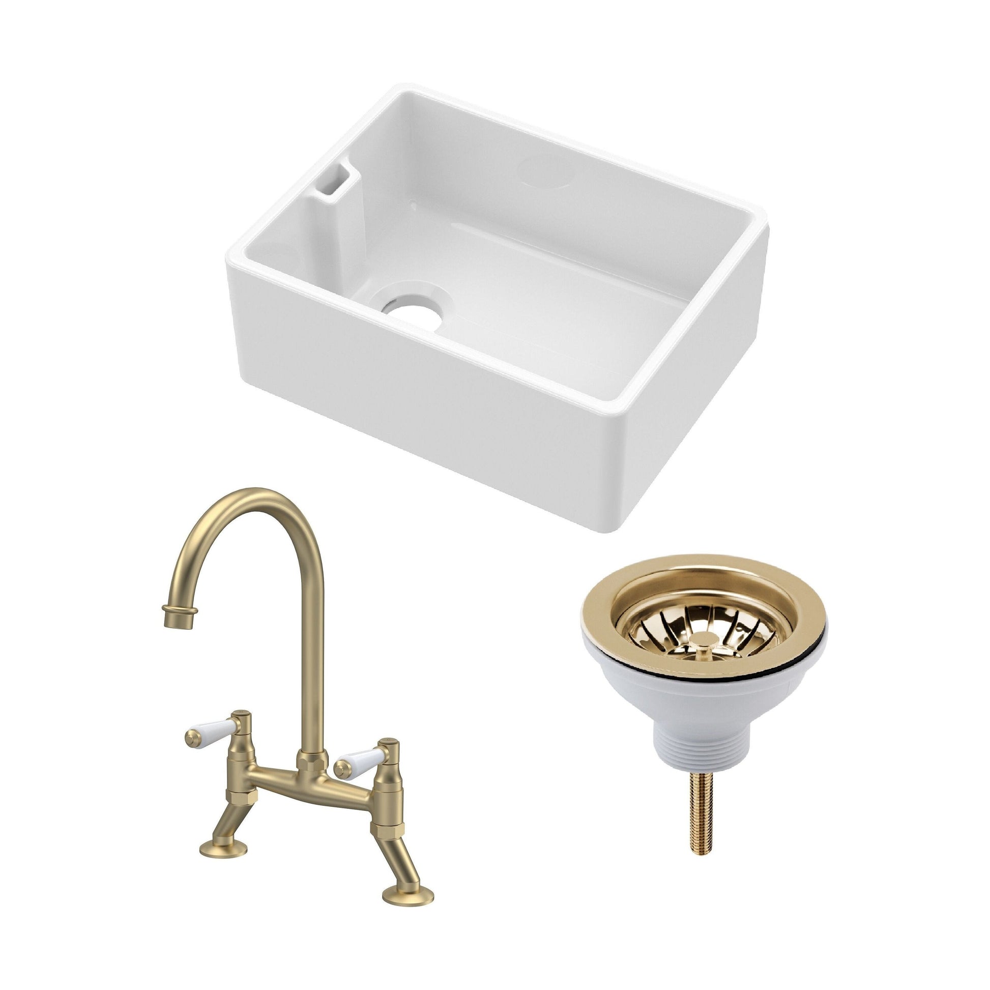 [BKS218WT15] Fireclay Kitchen Bundle - Single Bowl Belfast Sink, Strainer Waste & Bridge Lever Tap, 595mm - Brushed Brass - Cutout