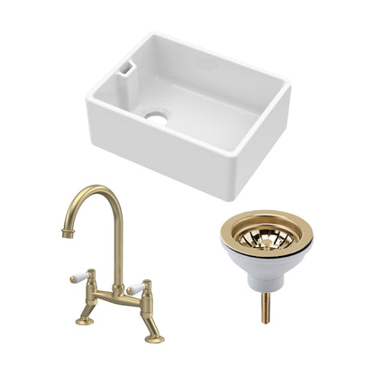 [BKS218WT15] Fireclay Kitchen Bundle - Single Bowl Belfast Sink, Strainer Waste & Bridge Lever Tap, 595mm - Brushed Brass - Cutout