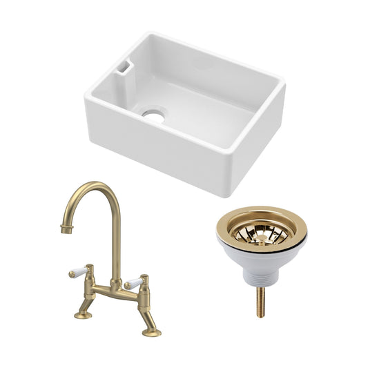 [BKS218WT15] Fireclay Kitchen Bundle - Single Bowl Belfast Sink, Strainer Waste & Bridge Lever Tap, 595mm - Brushed Brass - Cutout