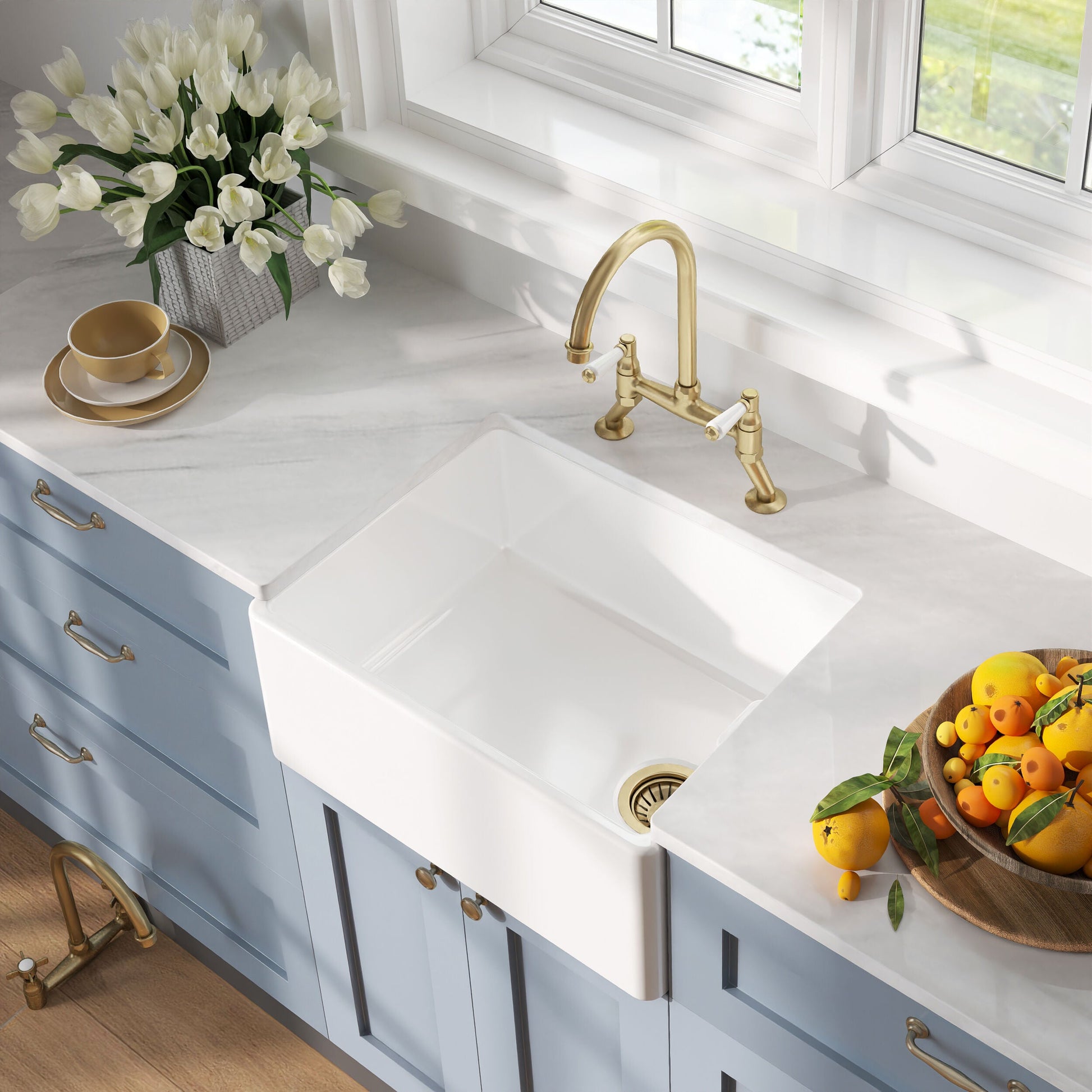 [BKS218WT15] Fireclay Kitchen Bundle - Single Bowl Belfast Sink, Strainer Waste & Bridge Lever Tap, 595mm - Brushed Brass - Lifestyle 2