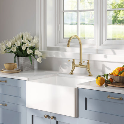 [BKS218WT15] Fireclay Kitchen Bundle - Single Bowl Belfast Sink, Strainer Waste & Bridge Lever Tap, 595mm - Brushed Brass - Lifestyle 3