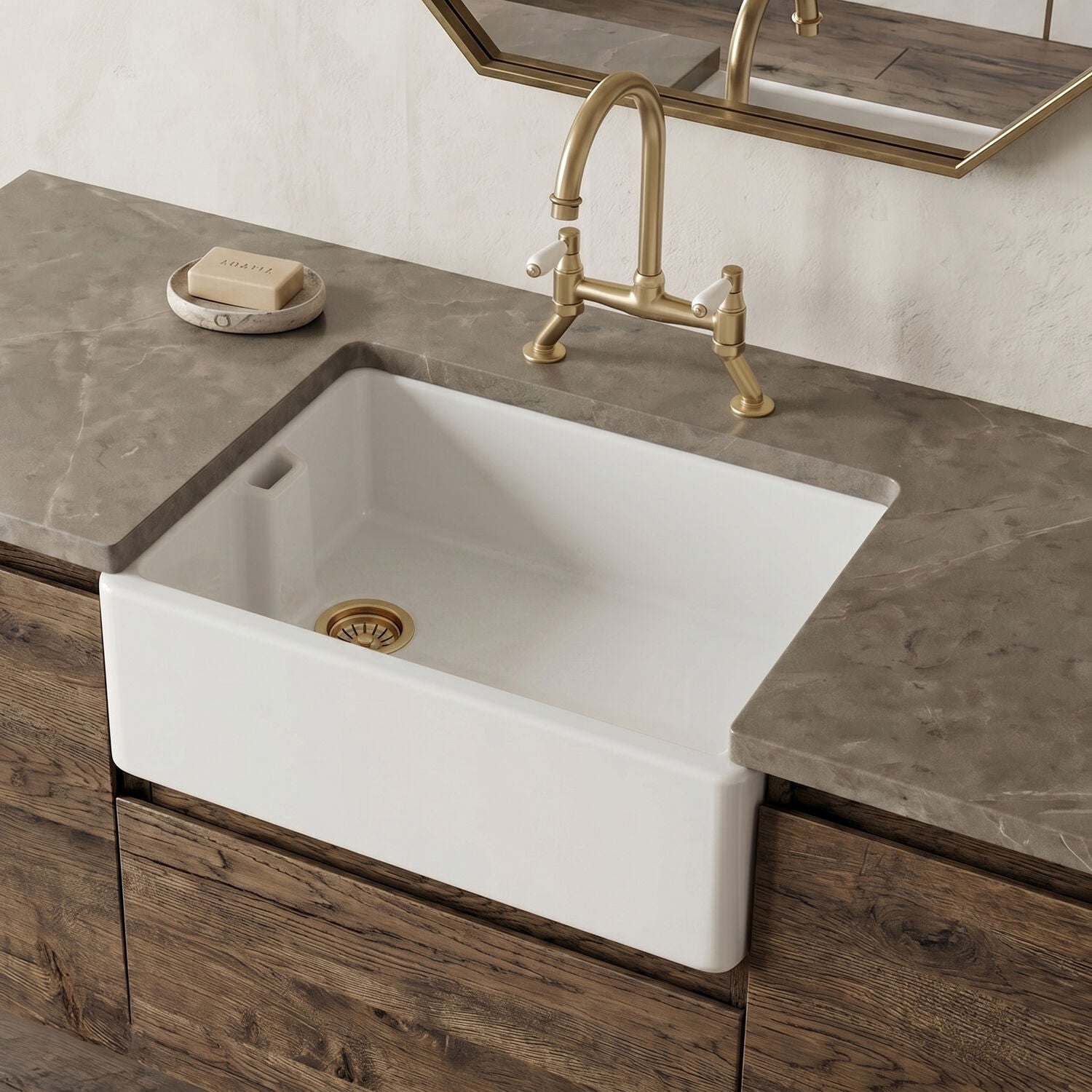 [BKS218WT15] Fireclay Kitchen Bundle - Single Bowl Belfast Sink, Strainer Waste & Bridge Lever Tap, 595mm - Brushed Brass - Silo
