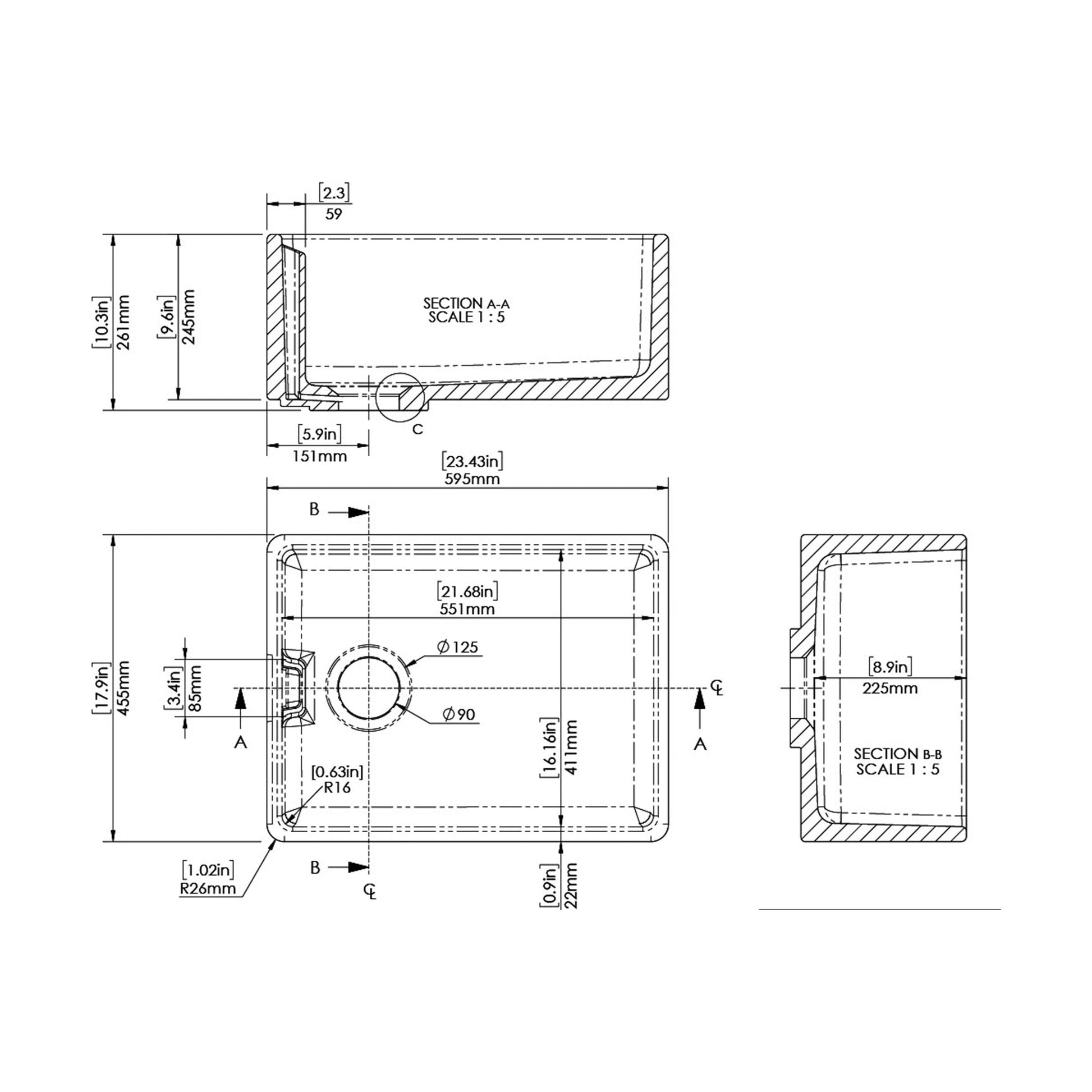 [BKS218WT2] Single Bowl Fireclay Belfast Sink Bundle with Basket Strainer Waste & Mono Kitchen Sink Mixer Tap - 595mm - Technical Drawing