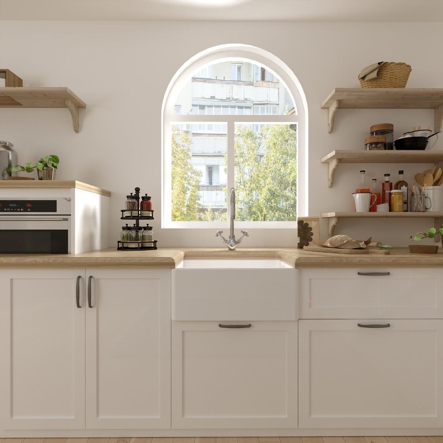 [BKS218WT2] Single Bowl Fireclay Belfast Sink Bundle with Basket Strainer Waste & Mono Kitchen Sink Mixer Tap - 595mm - Lifestyle 1