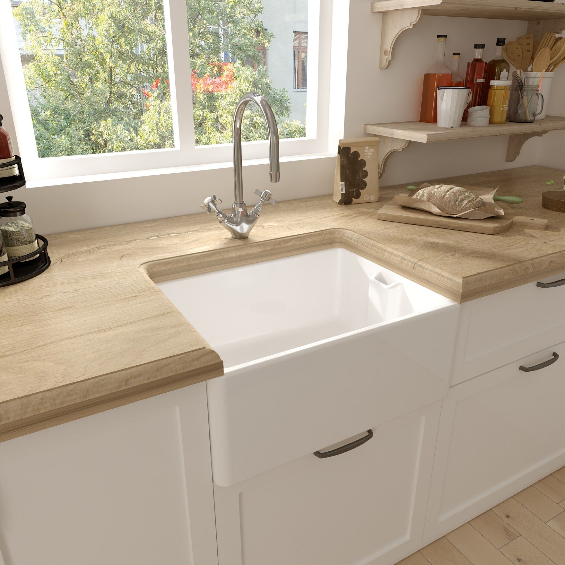 [BKS218WT2] Single Bowl Fireclay Belfast Sink Bundle with Basket Strainer Waste & Mono Kitchen Sink Mixer Tap - 595mm - Lifestyle 3