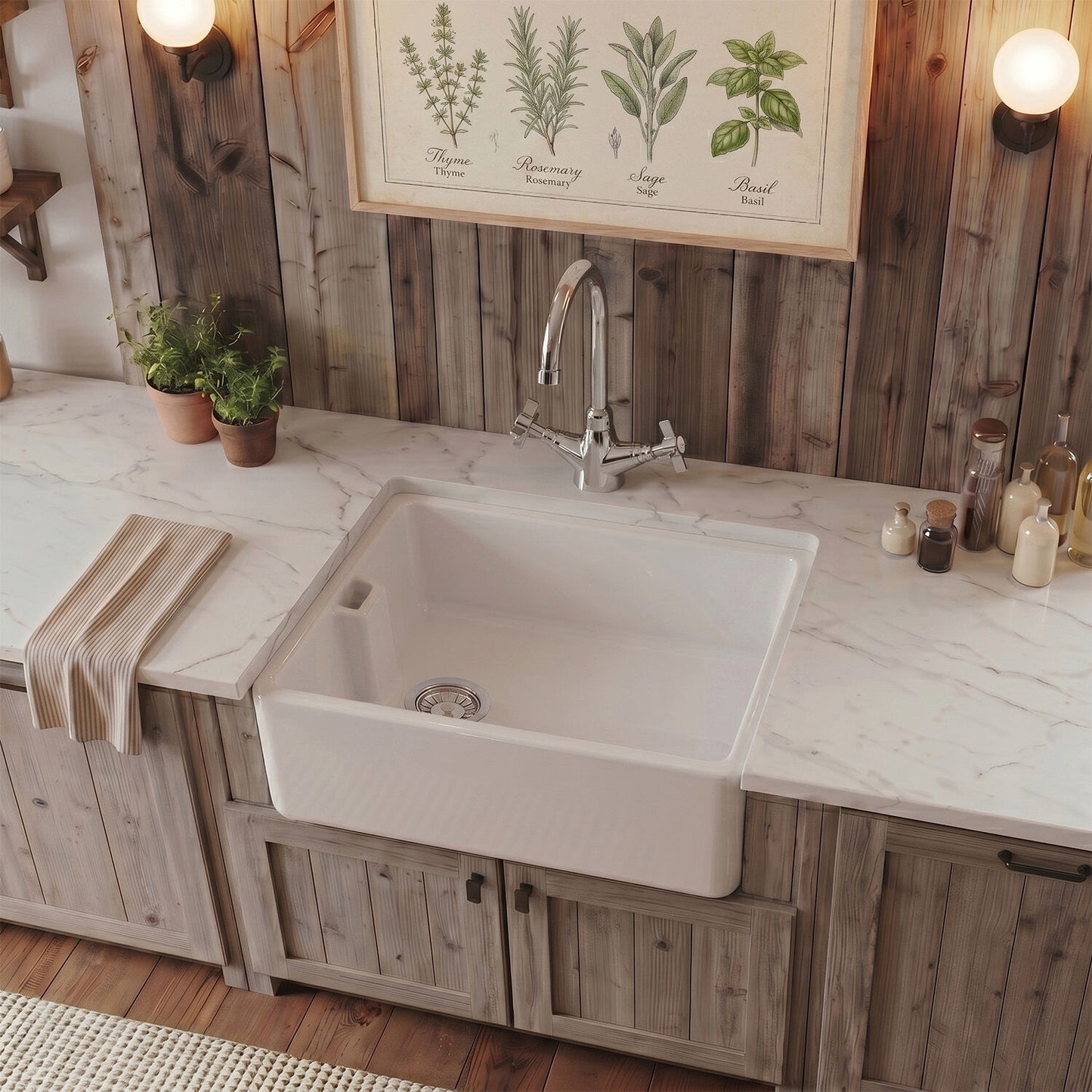 [BKS218WT2] Fireclay 595mm 1 Bowl Belfast Butler Sink with Basket Strainer Waste & Mono Kitchen Mixer Tap - Silo