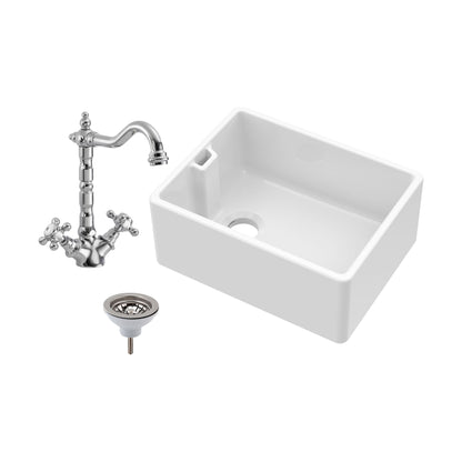 [BKS218WT4] Single Bowl Fireclay Ceramic Belfast Kitchen Sink Bundle French Classic Tap & Waste - Cutout