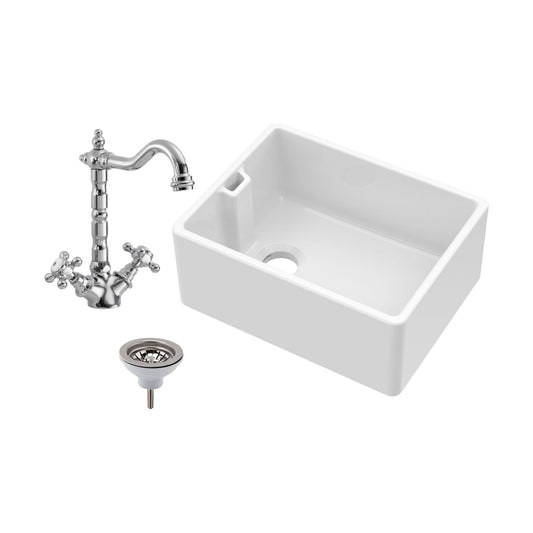 [BKS218WT4] Single Bowl Fireclay Ceramic Belfast Kitchen Sink Bundle French Classic Tap & Waste - Cutout