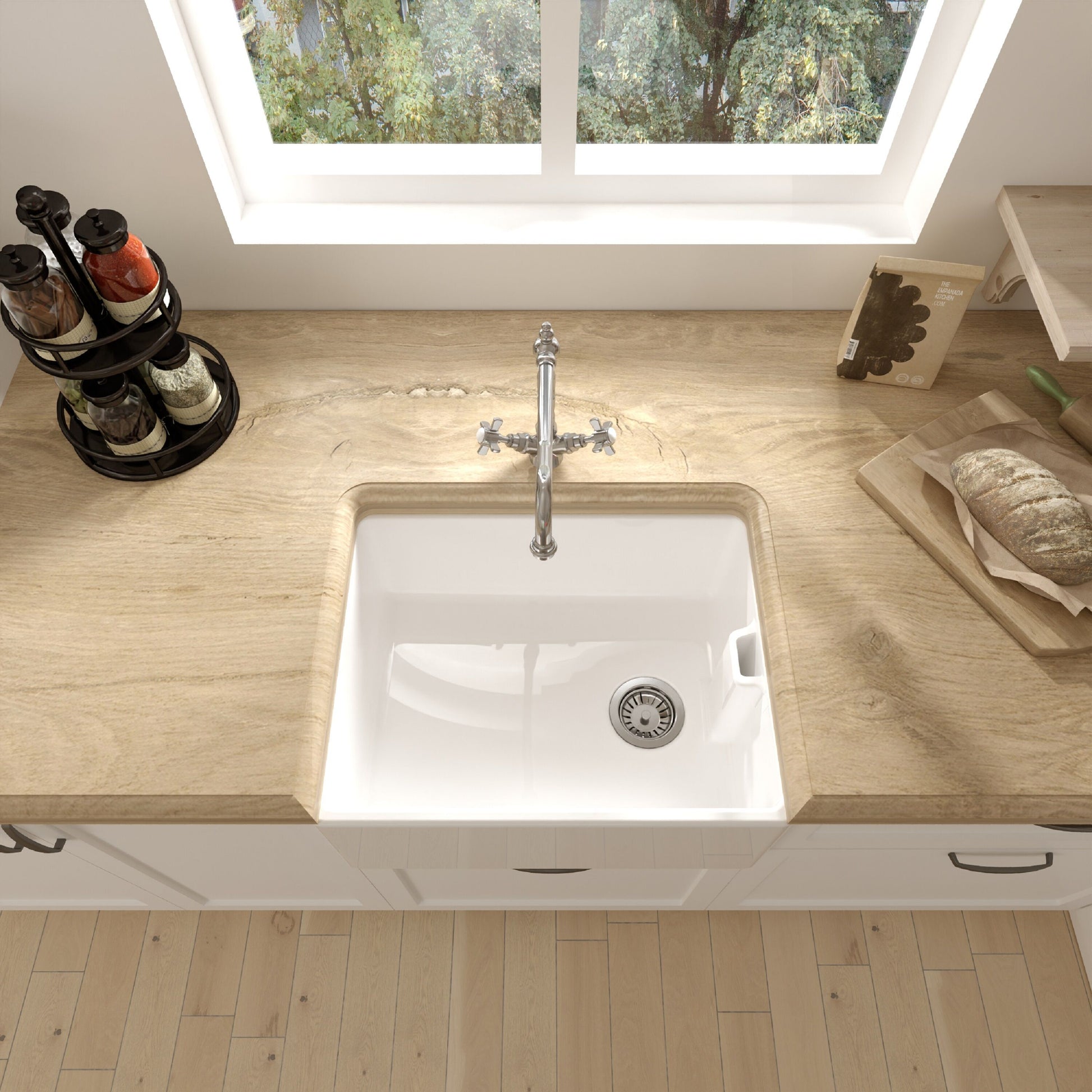 [BKS218WT4] Single Bowl Fireclay Ceramic Belfast Kitchen Sink Bundle French Classic Tap & Waste - Lifestyle 2
