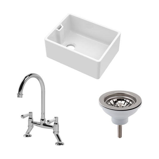 [BKS218WT5] Traditional Fireclay Kitchen Bundle: Single Bowl Belfast Sink, Strainer Waste & Bridge Mixer Tap, 595mm - Chrome - Cutout