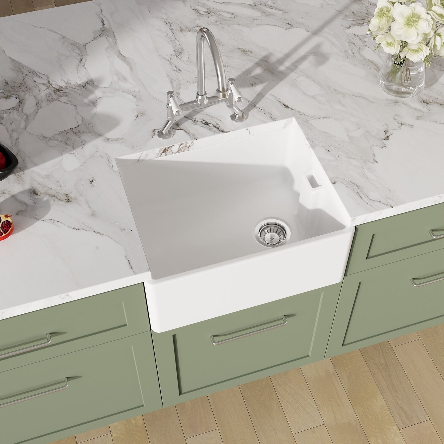 [BKS218WT5] Traditional Fireclay Kitchen Bundle: Single Bowl Belfast Sink, Strainer Waste & Bridge Mixer Tap, 595mm - Chrome - Lifestyle 2