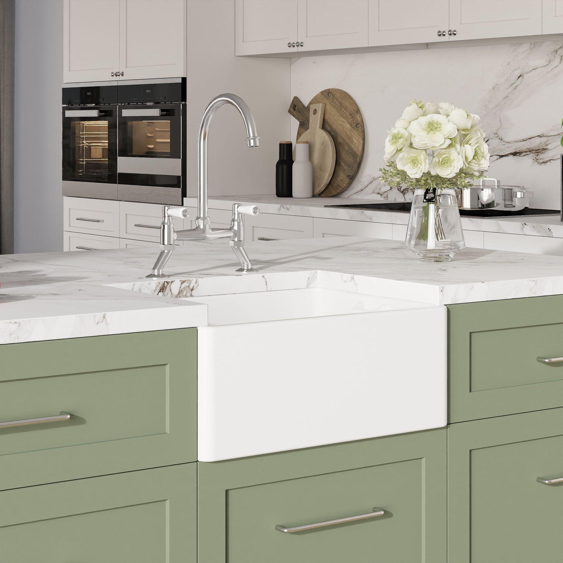 [BKS218WT5] Traditional Fireclay Kitchen Bundle: Single Bowl Belfast Sink, Strainer Waste & Bridge Mixer Tap, 595mm - Chrome - Lifestyle 3