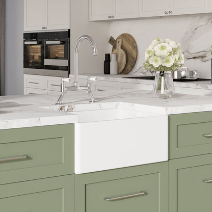 [BKS218WT5] Traditional Fireclay Kitchen Bundle: Single Bowl Belfast Sink, Strainer Waste & Bridge Mixer Tap, 595mm - Chrome - Lifestyle 3