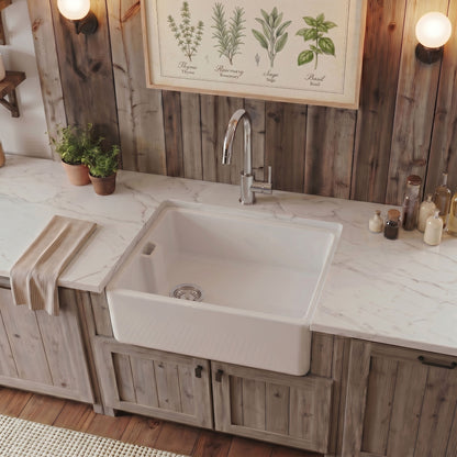[BKS218W] Traditional 1 Bowl Fireclay Ceramic Belfast Sink & Strainer Waste - 595mm - Silo