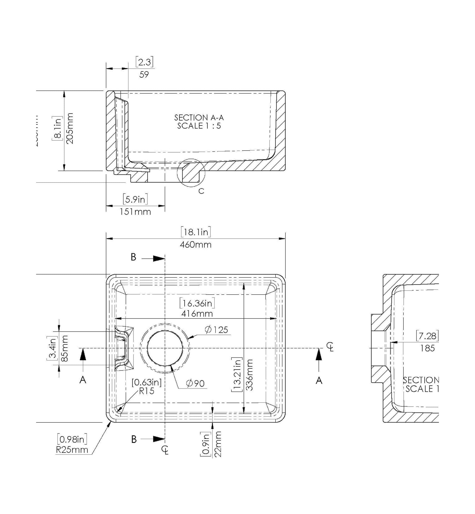 [BKS219W] Traditional 1 Bowl Fireclay Compact Belfast Kitchen Sink & Basket Strainer Waste - 460mm - Technical Drawing