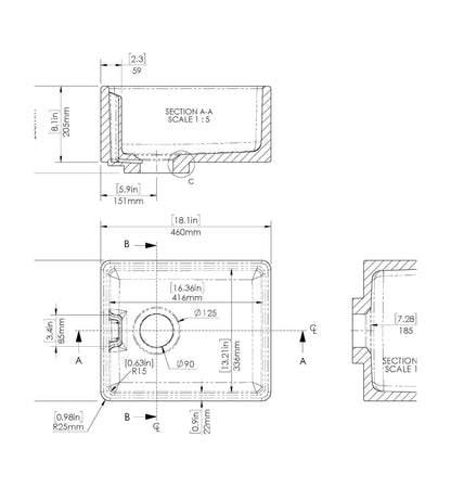 [BKS219W] Traditional 1 Bowl Fireclay Compact Belfast Kitchen Sink & Basket Strainer Waste - 460mm - Technical Drawing