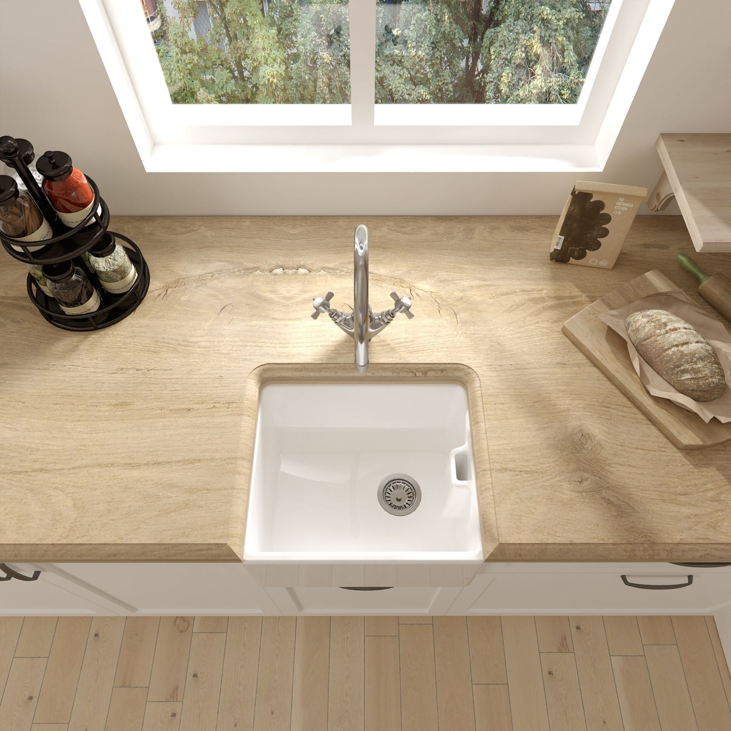 [BKS219W] Traditional 1 Bowl Fireclay Compact Belfast Kitchen Sink & Basket Strainer Waste - 460mm - Lifestyle 2