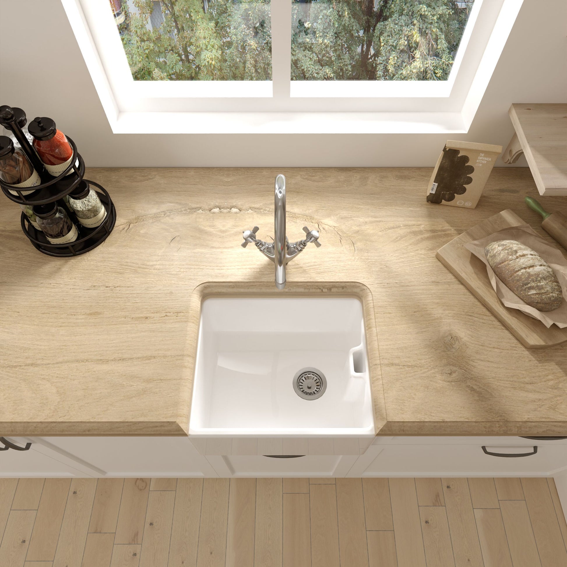 [BKS219W] Traditional 1 Bowl Fireclay Compact Belfast Kitchen Sink & Basket Strainer Waste - 460mm - Lifestyle 2