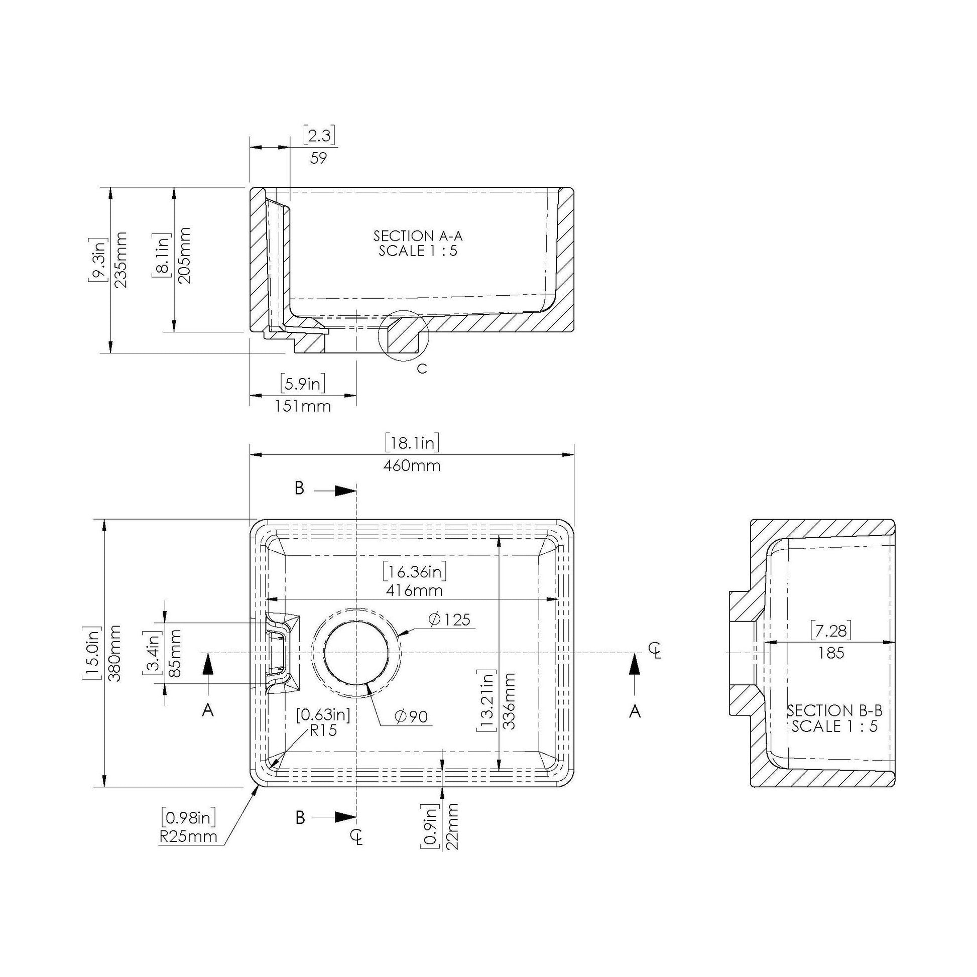 [BKS219] Single Bowl Fireclay Ceramic Belfast Kitchen Sink with Built In Overflow - 595mm - Multiple Colours - Technical Drawing