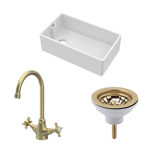 [BKS220WT11] Traditional Fireclay Kitchen Bundle: 1 Bowl Belfast Sink with Strainer Waste & Mono Crosshead Tap, 795mm - Brushed Brass - Cutout