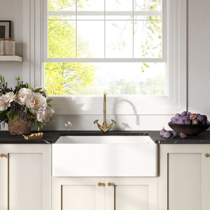 [BKS220WT11] Traditional Fireclay Kitchen Bundle: 1 Bowl Belfast Sink with Strainer Waste & Mono Crosshead Tap, 795mm - Brushed Brass - Lifestyle 1