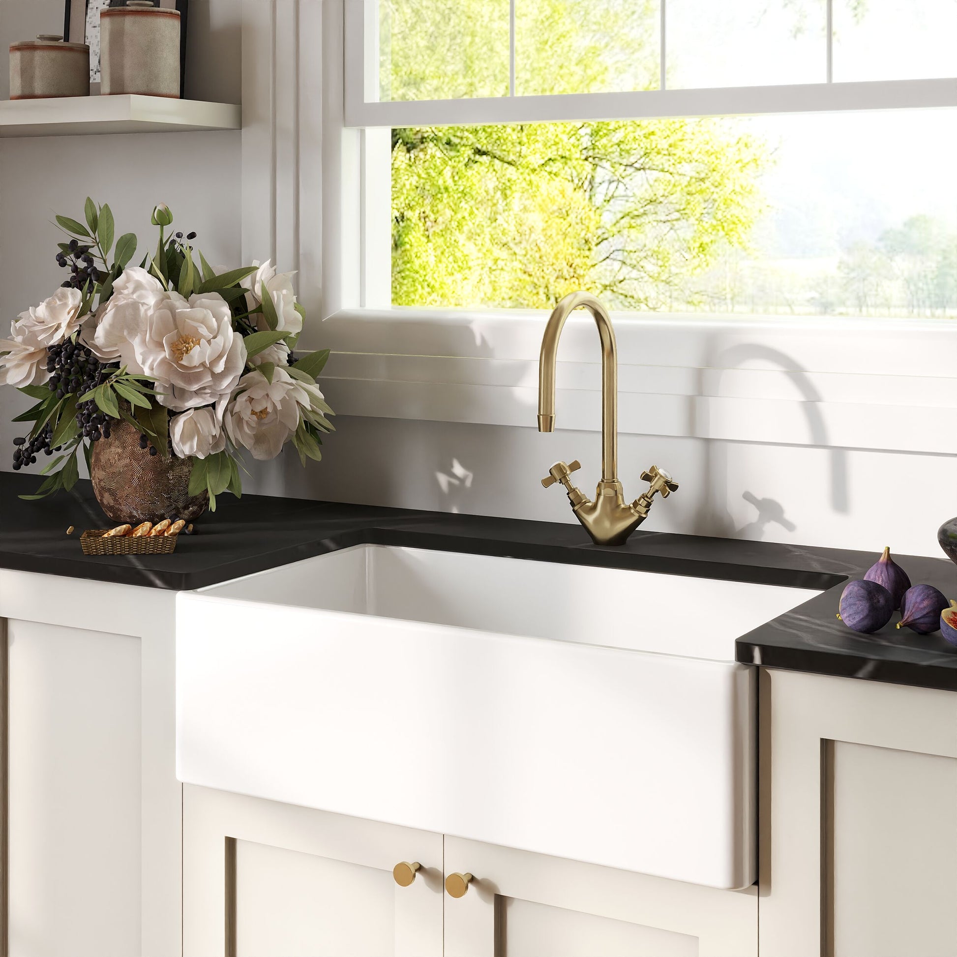 [BKS220WT11] Traditional Fireclay Kitchen Bundle: 1 Bowl Belfast Sink with Strainer Waste & Mono Crosshead Tap, 795mm - Brushed Brass - Lifestyle 3