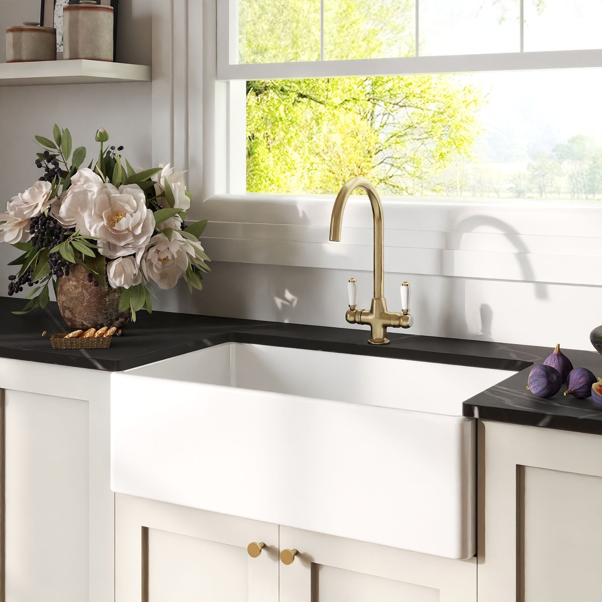 [BKS220WT12] Traditional Fireclay Kitchen Bundle: Single Bowl Belfast Sink with Strainer Waste & Mono Lever Tap, 795mm - Brushed Brass - Lifestyle 3