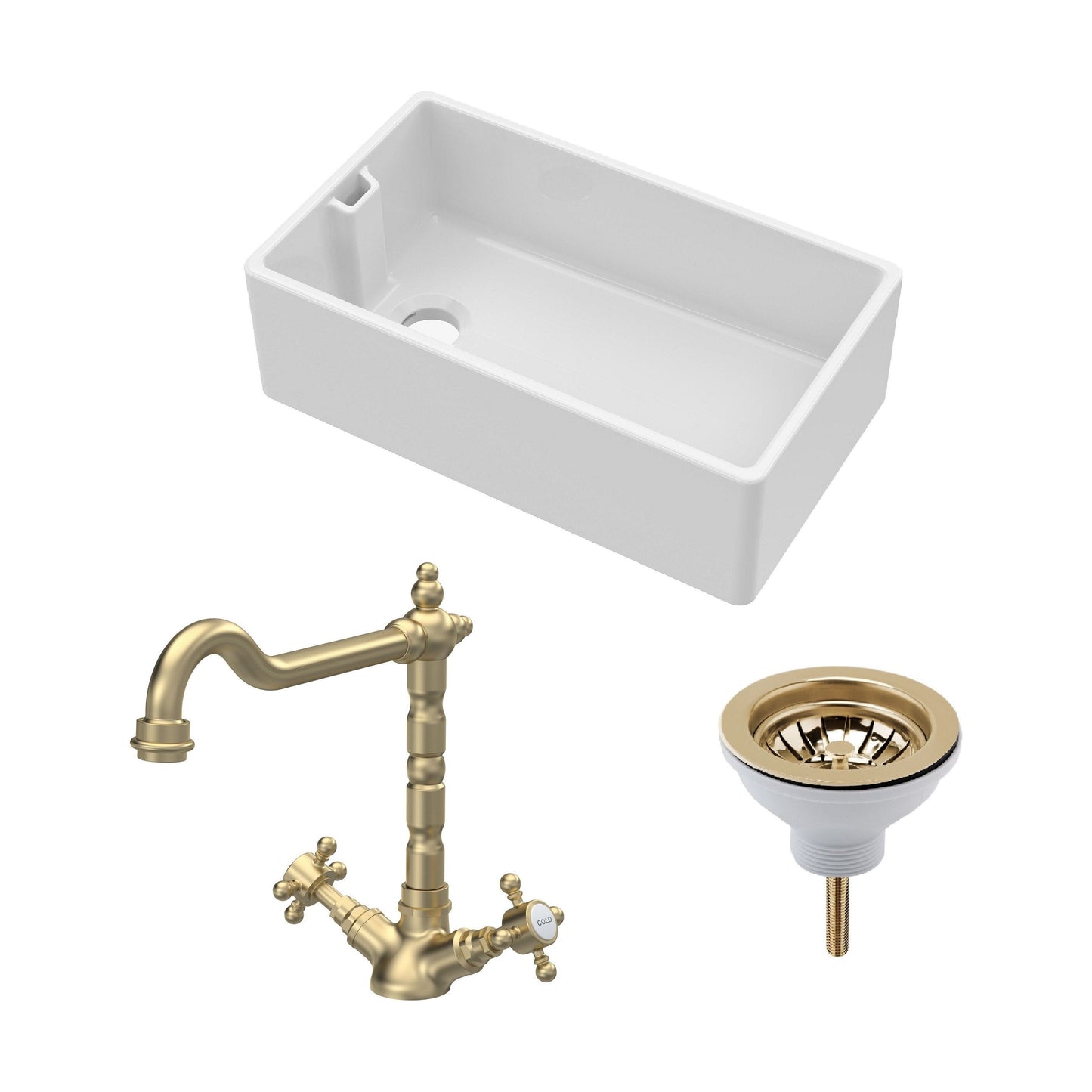 [BKS220WT13] Traditional Fireclay Kitchen Bundle: 1 Bowl Belfast Sink with Strainer Waste & French Classic Tap, 795mm - Brushed Brass - Cutout