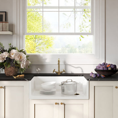 [BKS220WT13] Traditional Fireclay Kitchen Bundle: 1 Bowl Belfast Sink with Strainer Waste & French Classic Tap, 795mm - Brushed Brass - Lifestyle 1