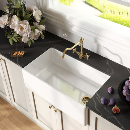 [BKS220WT13] Traditional Fireclay Kitchen Bundle: 1 Bowl Belfast Sink with Strainer Waste & French Classic Tap, 795mm - Brushed Brass - Lifestyle 2