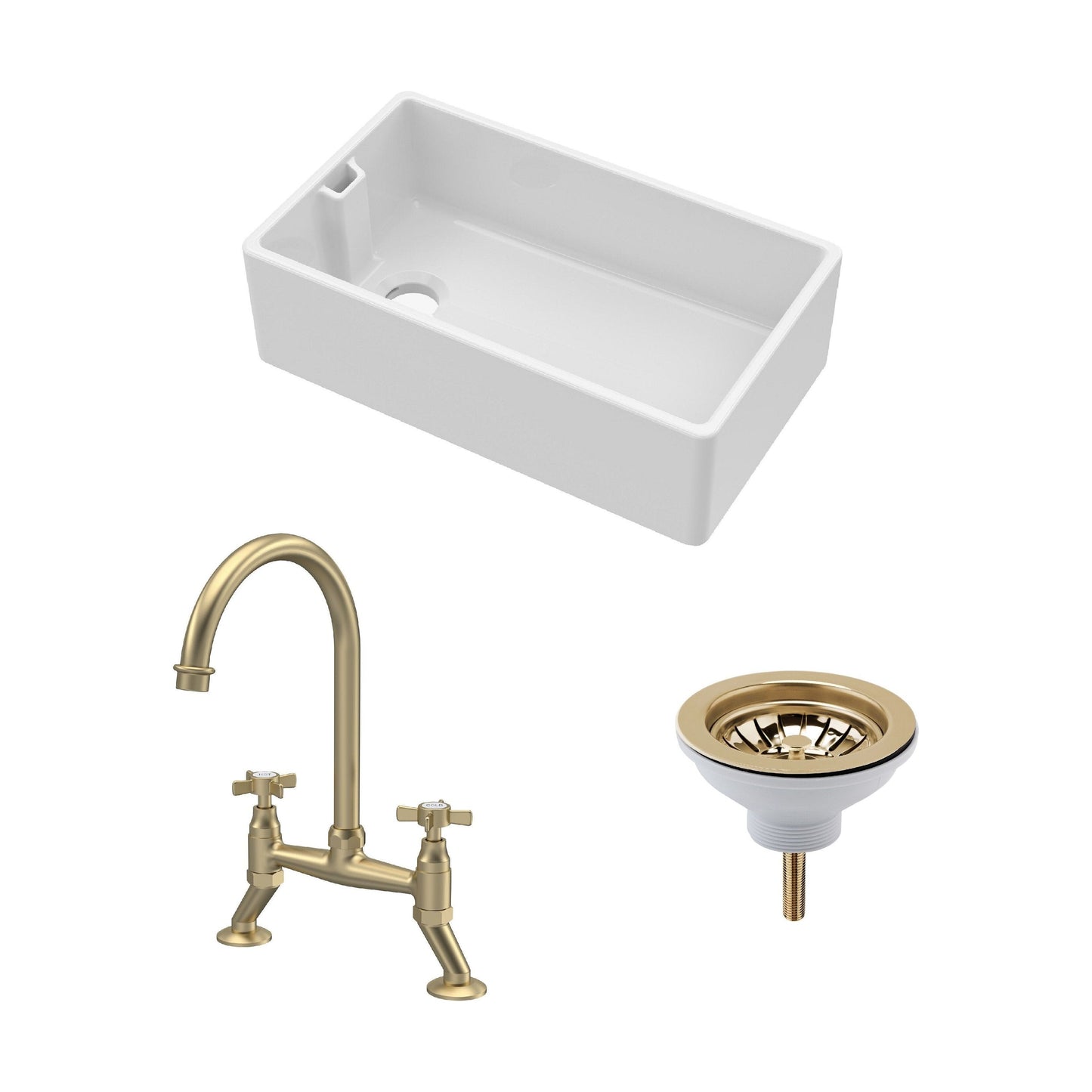 [BKS220WT14] Traditional Fireclay Kitchen Bundle: 1 Bowl Belfast Sink with Strainer Waste & Bridge Crosshead Tap, 795mm - Brushed Brass - Cutout