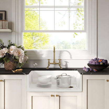 [BKS220WT14] Traditional Fireclay Kitchen Bundle: 1 Bowl Belfast Sink with Strainer Waste & Bridge Crosshead Tap, 795mm - Brushed Brass - Lifestyle 1