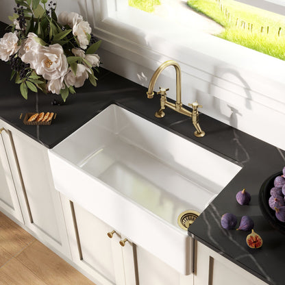 [BKS220WT14] Traditional Fireclay Kitchen Bundle: 1 Bowl Belfast Sink with Strainer Waste & Bridge Crosshead Tap, 795mm - Brushed Brass - Lifestyle 2