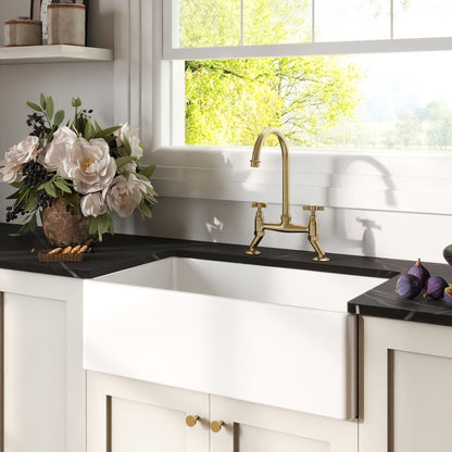 [BKS220WT14] Traditional Fireclay Kitchen Bundle: 1 Bowl Belfast Sink with Strainer Waste & Bridge Crosshead Tap, 795mm - Brushed Brass - Lifestyle 3