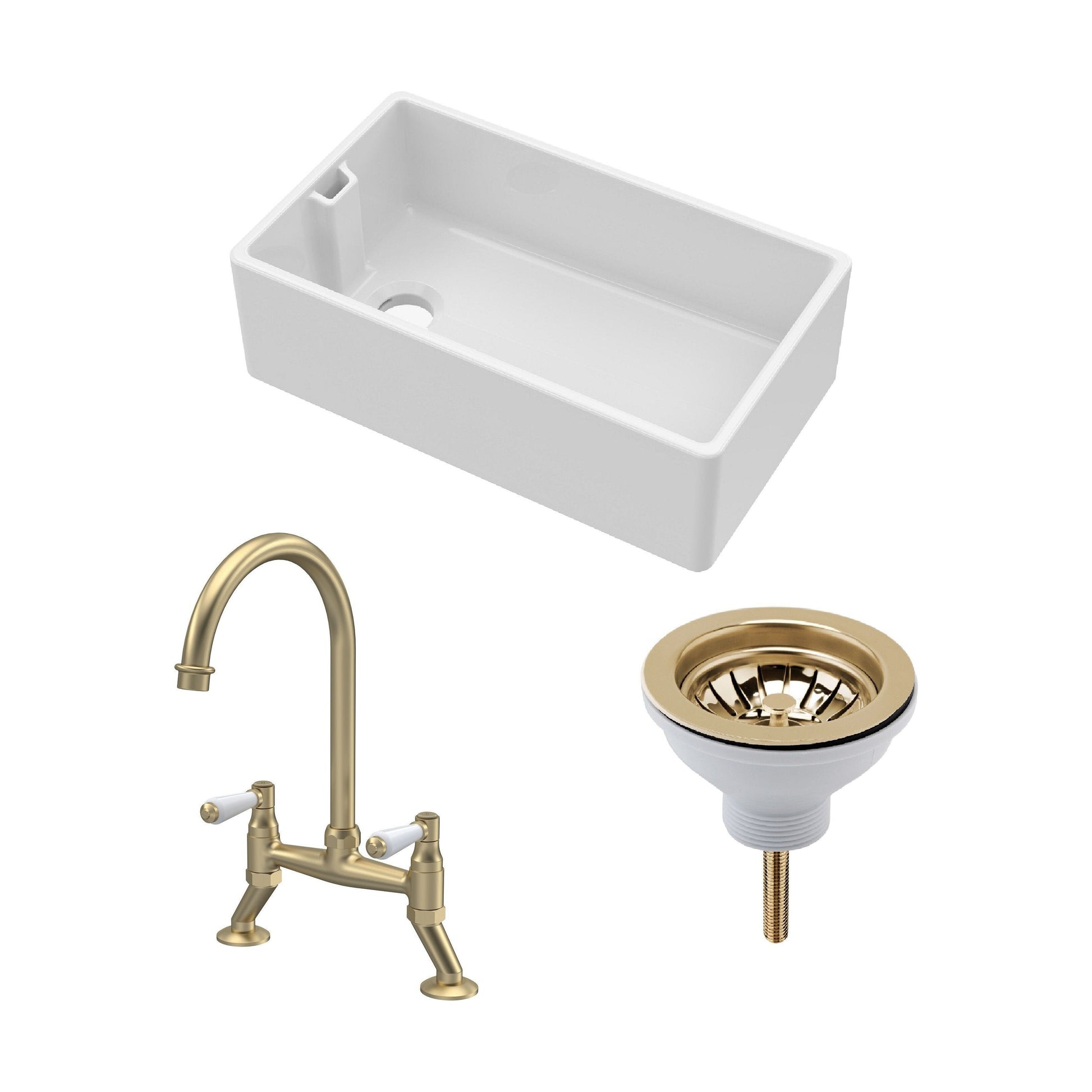 [BKS220WT15] Traditional Fireclay Kitchen Bundle: 1 Bowl Belfast Sink with Strainer Waste & Bridge Lever Tap, 795mm - Brushed Brass - Cutout