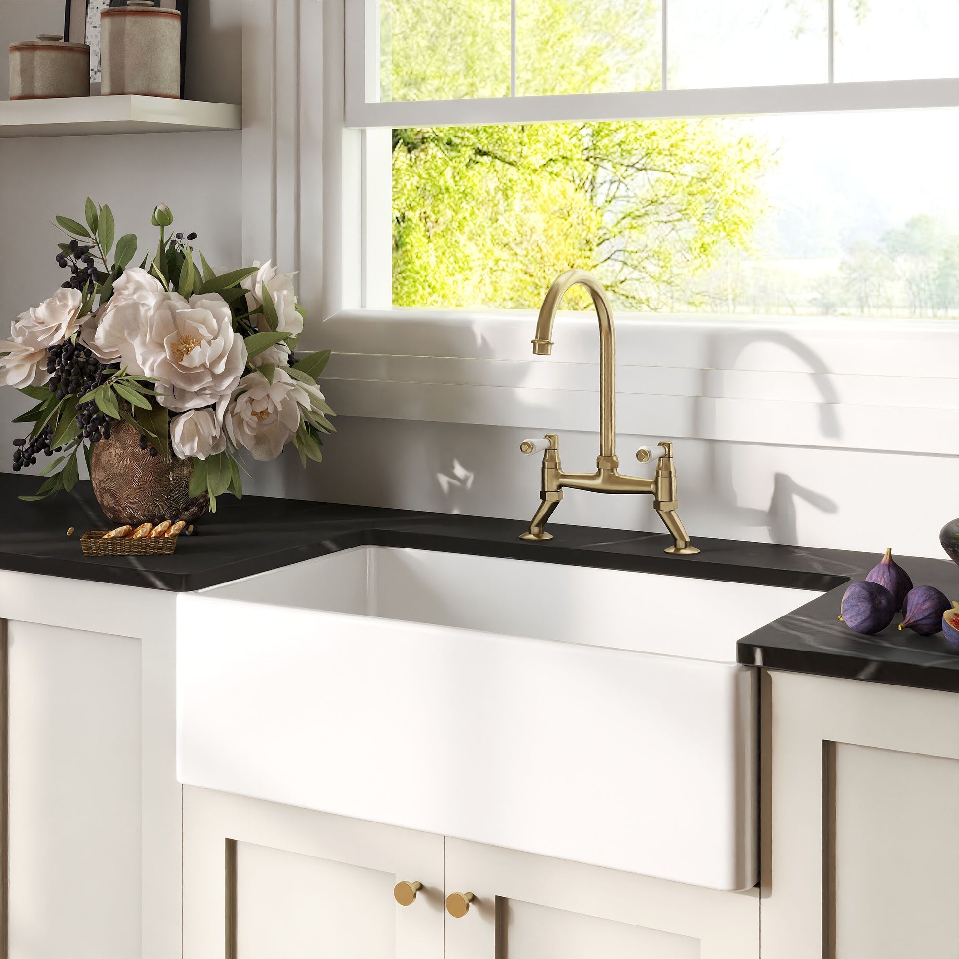 [BKS220WT15] Traditional Fireclay Kitchen Bundle: 1 Bowl Belfast Sink with Strainer Waste & Bridge Lever Tap, 795mm - Brushed Brass - Lifestyle 3