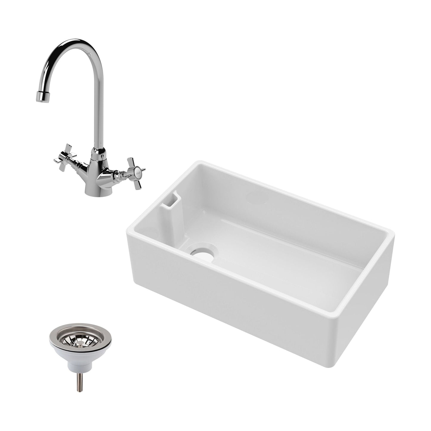 [BKS220WT2] Fireclay Belfast Kitchen Sink Bundle with Overflow, Mono Sink Mixer Tap & Waste - Cutout