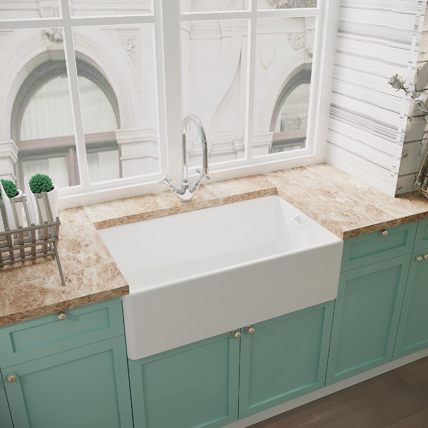 [BKS220WT2] Fireclay Belfast Kitchen Sink Bundle with Overflow, Mono Sink Mixer Tap & Waste - Lifestyle 3