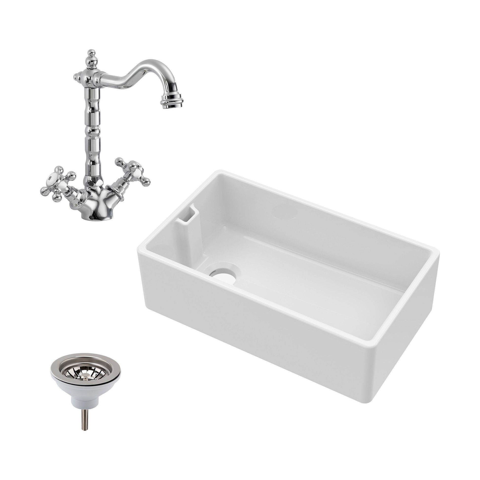 [BKS220WT4] Traditional Fireclay Ceramic Kitchen Belfast Sink Bundle with Overflow, French Classic Tap & Waste - 795mm - Cutout