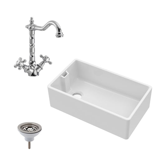 [BKS220WT4] Traditional Fireclay Ceramic Kitchen Belfast Sink Bundle with Overflow, French Classic Tap & Waste - 795mm - Cutout