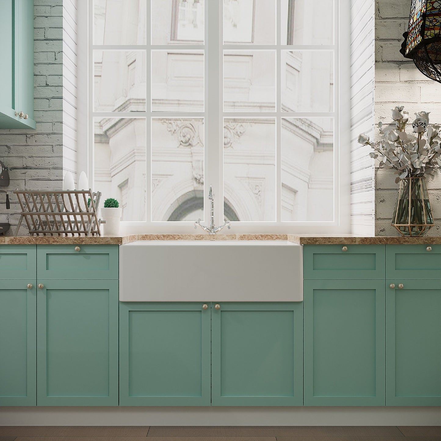 [BKS220WT4] Traditional Fireclay Ceramic Kitchen Belfast Sink Bundle with Overflow, French Classic Tap & Waste - 795mm - Lifestyle 1