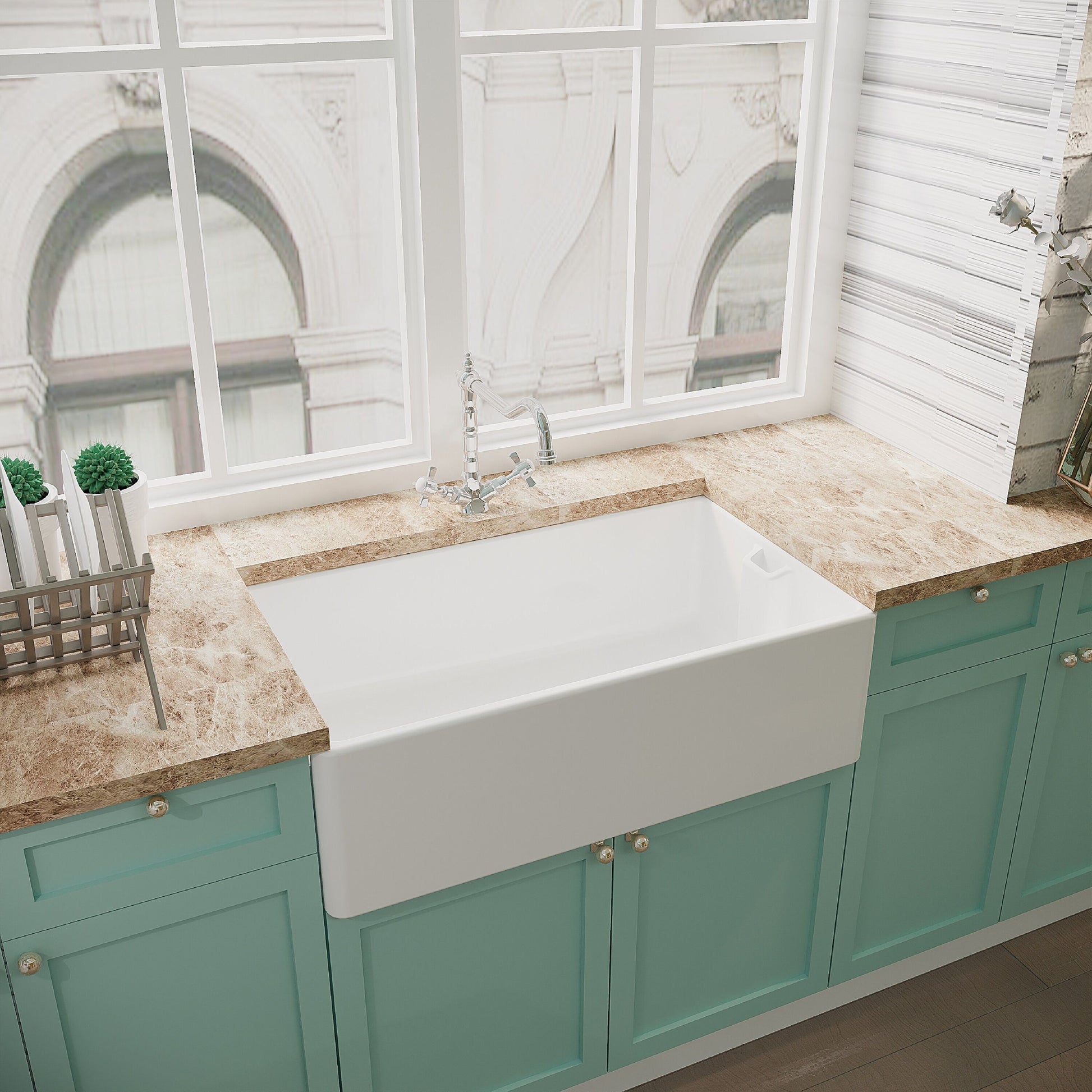 [BKS220WT4] Traditional Fireclay Ceramic Kitchen Belfast Sink Bundle with Overflow, French Classic Tap & Waste - 795mm - Lifestyle 3