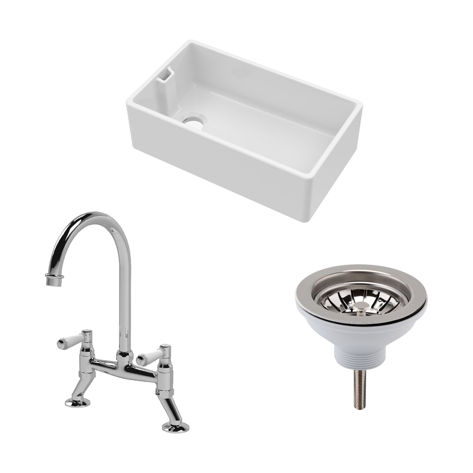 [BKS220WT5] Traditional Fireclay Kitchen Bundle: 1 Bowl Belfast Sink with Strainer Waste & Bridge Mixer Tap, 795mm - Chrome - Cutout