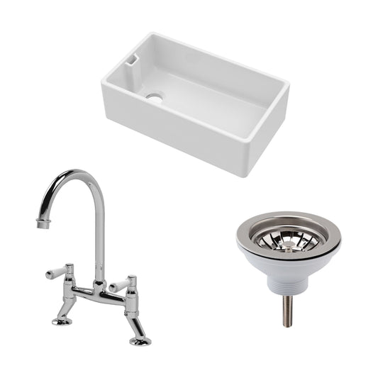 [BKS220WT5] Traditional Fireclay Kitchen Bundle: 1 Bowl Belfast Sink with Strainer Waste & Bridge Mixer Tap, 795mm - Chrome - Cutout