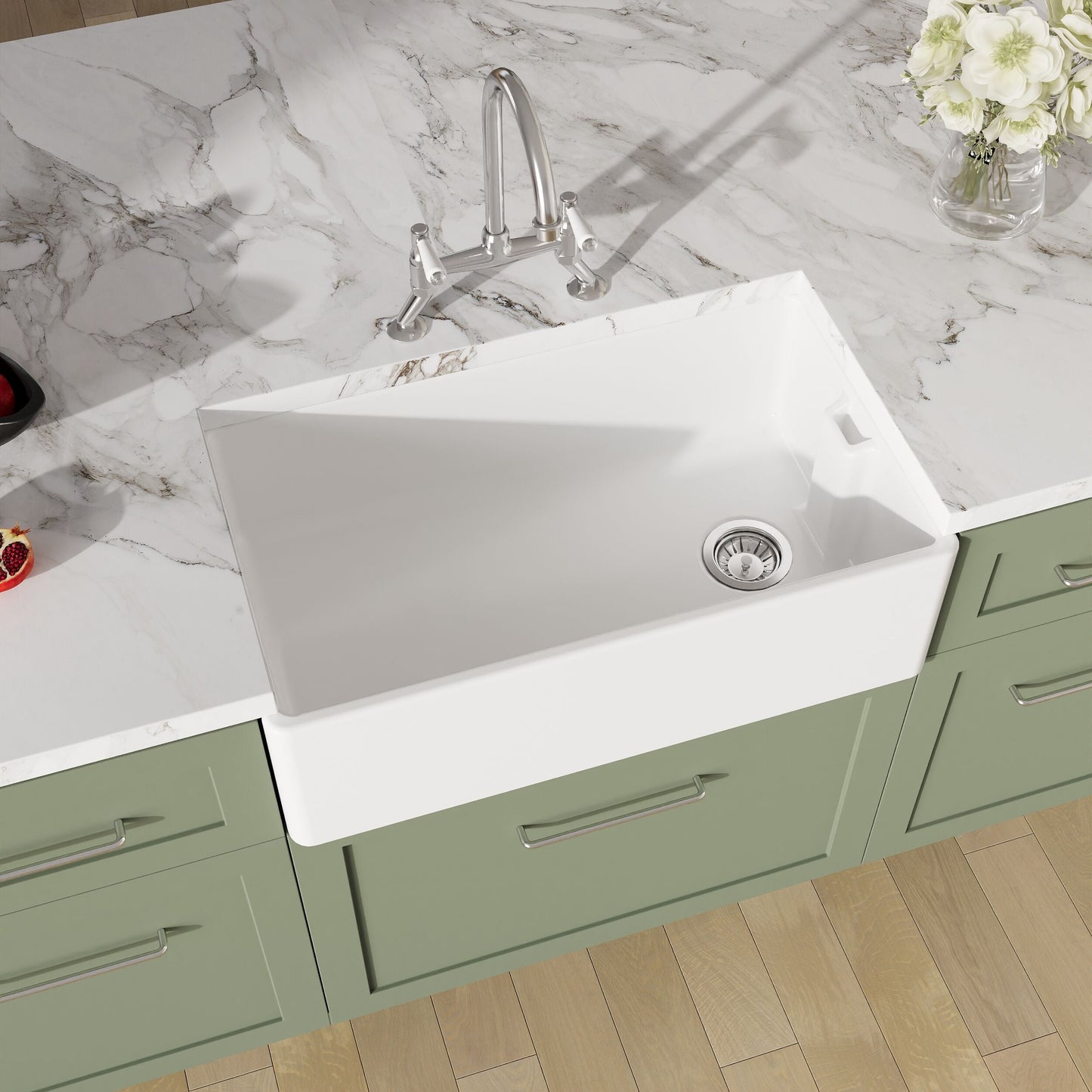 [BKS220WT5] Traditional Fireclay Kitchen Bundle: 1 Bowl Belfast Sink with Strainer Waste & Bridge Mixer Tap, 795mm - Chrome - Lifestyle 2